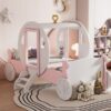 Twin Size Princess Carriage Bed With Crown, Platform Car Bed With Stair - White / Pink - Image 16