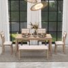 6 Piece Dining Set Classic And Traditional Style, Includes Dining Table, 4 Upholstered Chairs & Bench - Natural Wash - Image 2