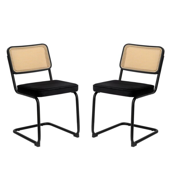 Dining Chairs, Velvet Rattan Side Accent Chairs With Painted Legs, Modern Mid - Century Breuer Designed Chairs, Upholstered Dining Living Room Kitchen Chairs (Set of 2) - Black