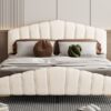 Queen Size Platform Bed With Thick, Stylish Stripe Decorated Bedboard And Elegant Leg - Beige - Image 16