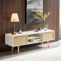 55.12" Rattan TV Cabinet, Double Sliding Doors For Storage, Adjustable Shelf, Solid Wood Legs, TV Console For Living Room - White