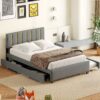 Queen Size Upholstered Platform Bed With 2 Drawers And 1 Trundle, Classic Strip Headboard Design - Gray - Image 10