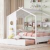 Full Size House Bed With Trundle, Modern Design For Kids With Storage Shlef - White - Image 17