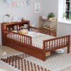 Twin Size Bed With Headboard Storage Rack, 2 Under Bed Drawers, 3 - Side Guardrails For Safety And Security - Walnut - Image 2