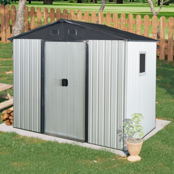 8Ft X 4Ft Outdoor Metal Storage Shed With Window And Metal Foundation For Backyard, Patio, Lawn - White / Black