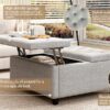 Large Square Storage Bench, Footstool With 2 Storage Doors, Mid - Century Modern Coffee Table For Living Room, Nailhead Inlay - Light Gray - Image 5