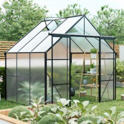Double Door Polycarbonate Greenhouse Raised Base And Anchor Heavy Duty Walk In Greenhouses For Outdoor Backyard In All Season - Black