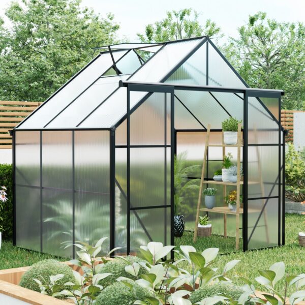 Double Door Polycarbonate Greenhouse Raised Base And Anchor Heavy Duty Walk In Greenhouses For Outdoor Backyard In All Season - Black