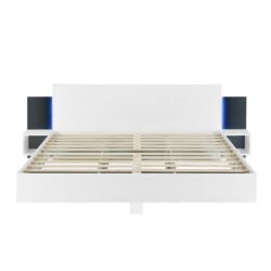 King Size Floating Platform Bed, With LED Lights, Bedside Nightstand - White
