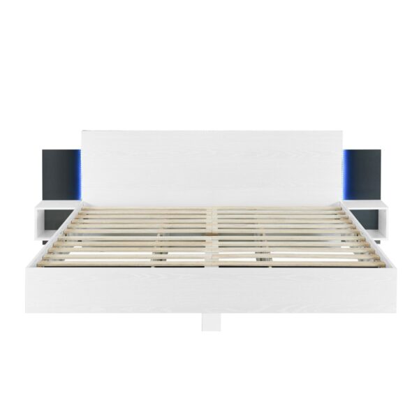 King Size Floating Platform Bed, With LED Lights, Bedside Nightstand - White
