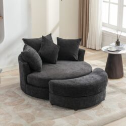 360° Swivel Accent Barrel Chair With Storage Ottoman & 4 Pillows, Modern Chenille Leisure Chair Round Accent For Living Room - Gray