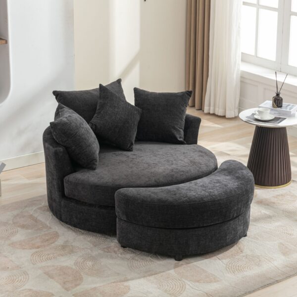 360° Swivel Accent Barrel Chair With Storage Ottoman & 4 Pillows, Modern Chenille Leisure Chair Round Accent For Living Room - Gray