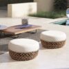 Willow - Round Upholstered Woven Patio Ottoman, Wicker Frame - Wheat Beige / Golden Brown - Image 7
