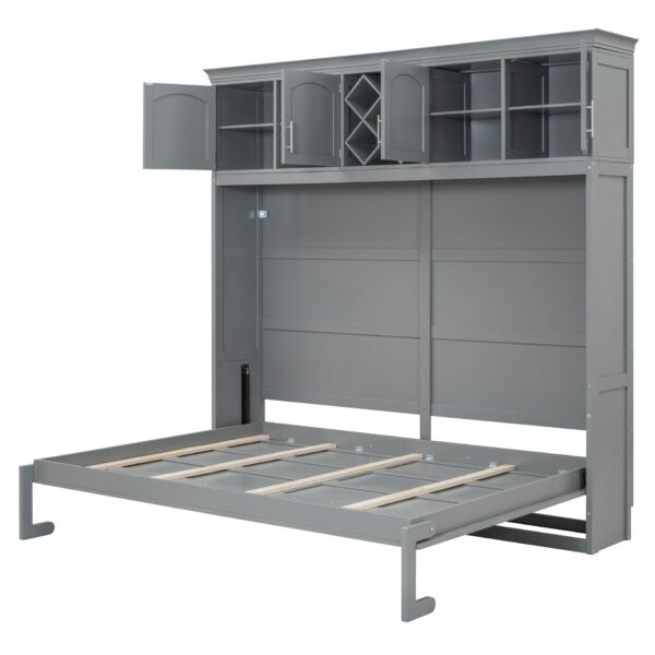 Queen Size Murphy Wall Bed With Top Cabinets & Wine Rack - Gray