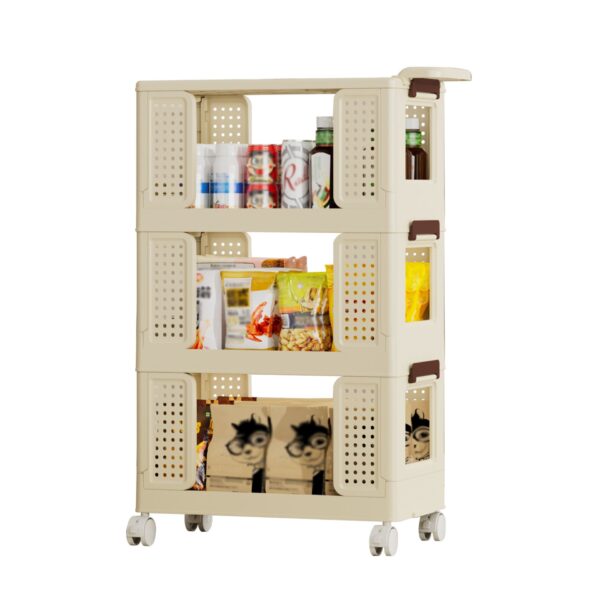 3 Tier Collapsible Cart With Locking Wheels For Every Room - Cream
