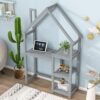 House-Shaped Wooden Writing Desk, Kids Study Table, Bookshelf & Toy Storage - Gray - Image 3