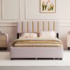 Queen Size Upholstered Platform Bed With 2 Drawers And 1 Trundle, Classic Strip Headboard Design - Pink - Image 10