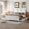 Queen Size Platform Bed With With 2 Big Drawers, Twin Long Size Trundle - White - Image 15