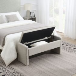 Modern Bed End Bench With Storage, Upholstered Large Foot Rest Stool, Comfy Window Vanity Bench For Living Room, Dorm, Coffee Table, Linen - Light Gray
