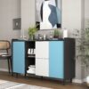 Modern Sideboard Buffet Cabinet With Doors And Unique Panel Styling - Black / Blue - Image 5