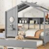 Twin Size House Bed With Trundle, Modern Design For Kids With Storage Shlef - Gray - Image 19