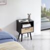 15.75" Rattan End Table With Power Outlet & USB Ports, Modern Nightstand With Drawer And Solid Wood Legs, Side Table For Living Room, Bedroom - Black - Image 2