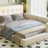 Queen Size Upholstered Platform Bed With 2 Reading Lights - White - Image 14