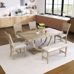 Topmax - 6 Piece Wood Half Round Dining Table Set Kitchen Table Set With Long Bench And 4 Dining Chairs, Modern Style - Natural