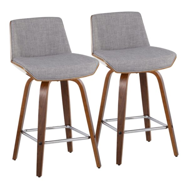 Corazza - Mid-Century Modern Fixed Height Counter Stool With Swivel And Square Footrest (Set of 2) - Walnut / Light Gray