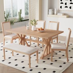Topmax - 6 Piece Farmhouse Classical Dining Table Set With Trestle Legs, Kitchen Table Set For 6 With 4 Upholstered Dining Chairs And Bench - Natural