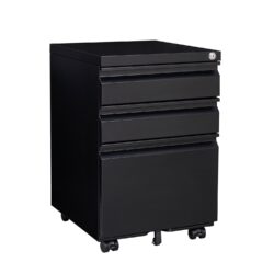 Contemporary 3 Drawer Mobile Filing Cabinet With Lock, Metal Office Storage For Legal / Letter Size - Black