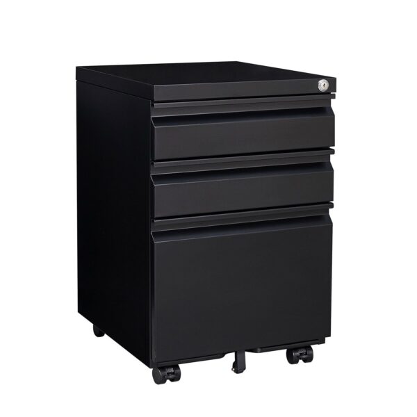 Contemporary 3 Drawer Mobile Filing Cabinet With Lock, Metal Office Storage For Legal / Letter Size - Black
