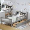 Twin Size Bed With Headboard Storage Rack, 2 Under Bed Drawers, 3 - Side Guardrails For Safety And Security - Gray - Image 5