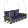 2 Person Wicker Hanging Porch Swing With Chains, Cushion, Pillow, Rattan Swing Bench For Garden, Backyard - Gray / Blue - Image 5
