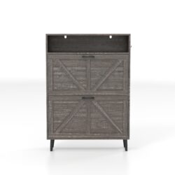Farmhouse Shoe Storage Cabinet With Barn Door Design, 2 Flip Drawers, Hooks - Dark Oak