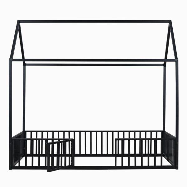 Twin Size Metal House Bed With Fence And Door - Black