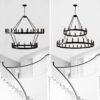 2 Tiers Wagon Wheel Chandelier Wooden Farmhouse 36 Light (24 / 12) Or (12 / 24) Metal Chandeliers 2 Story Light Fixtures Industrial For High Ceiling Living Dining Room Foyer, Adjustable Height - Black - Image 7
