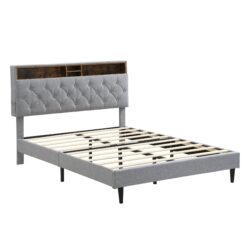 Modern Queen Size Upholstered Platform Bed Frame With Button Tufted Linen Fabric Headboard And USB Ports - Light Gray