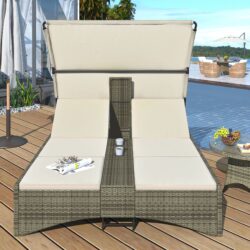Patio Daybed Outdoor Daybed Sun Lounger With Shelter Roof With Adjustable Backrest, Storage Box And 2 Cup Holders For Patio, Balcony, Poolside - Cream