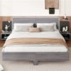 King Size Floating Platform Bed, With LED Lights, Bedside Nightstand - Gray - Image 7