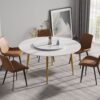 59.05" Modern Artificial Stone Round Golden Metal Dining Table, Can Accommodate 6 People Artificial Stone Turntable - White / Gold - Image 2