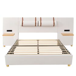 Queen Size Upholstered Platform Bed, 2 Outlets And USB Charging Ports On Both Sides, 2 Bedside Pillows, Storage Shelves - Beige