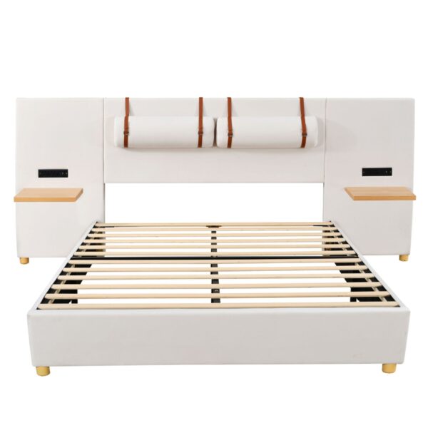 Queen Size Upholstered Platform Bed, 2 Outlets And USB Charging Ports On Both Sides, 2 Bedside Pillows, Storage Shelves - Beige