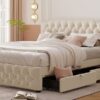 Queen Size Upholstered Platform Bed With 2 Drawers And 2 Sets Of USB Ports On Each Side - Beige - Image 13