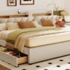 Queen & Twin Long Size Upholstered Platform Bed, Mother & Child Bed With Hydraulic Storage System, Drawer Box, Bedhead Storage Shelf And 2 Pairs Of Sockets & USB Ports - Beige - Image 20