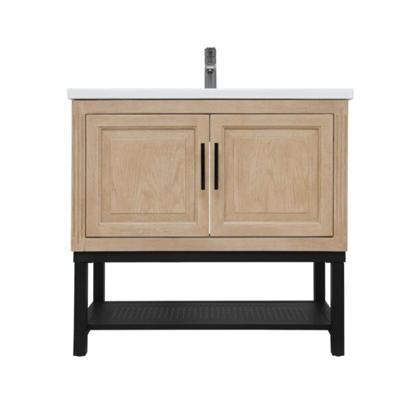 Modern Freestanding 36" Bathroom Vanity With Ceramic Sink, Hot And Cold Faucet, Storage Cabinet & Open Iron Shelf - Natural