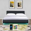 Queen Size Upholstered Platform Bed Frame, LED Lighting With Remote Controller And App, Curve Design, Wood Slat Support, No Box Spring Needed - Black / White - Image 2