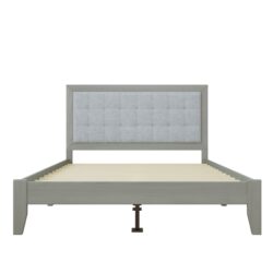 Queen Size Mid Century Modern Solid Wood Platform Bed With Upholstered Headboard - Gray