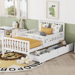 Twin Size Platform Bed With Guardrails On Both Sides And 2 Storage Drawers - White