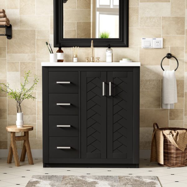 Bathroom Vanity With Ceramic Sink Combo, Frame Bathroom Storage Cabinet, Freestanding Vanity Set With 3 Drawers & Soft Closing Doors - Black